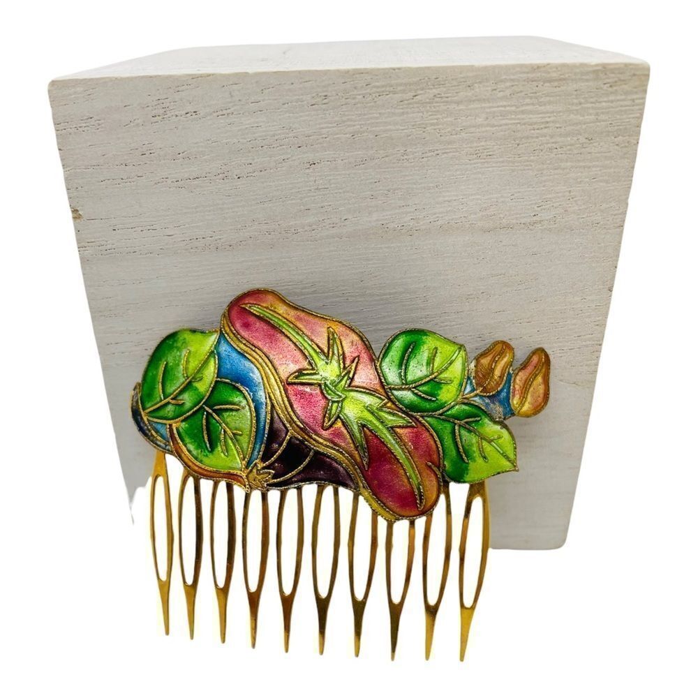 Vintage Cloisonné Enamel Floral Hair Comb 80s - Picture 7 of 14
